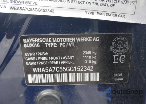 2016 BMW 528I xDrive из США, поврежденный, VIN WBA5A7C55GG152342